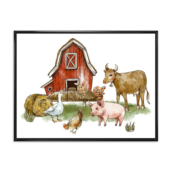 Designart 'Farm House With Goose Cow Pig Chicken and Haystack' Rustic Framed Canvas Wall Art Print