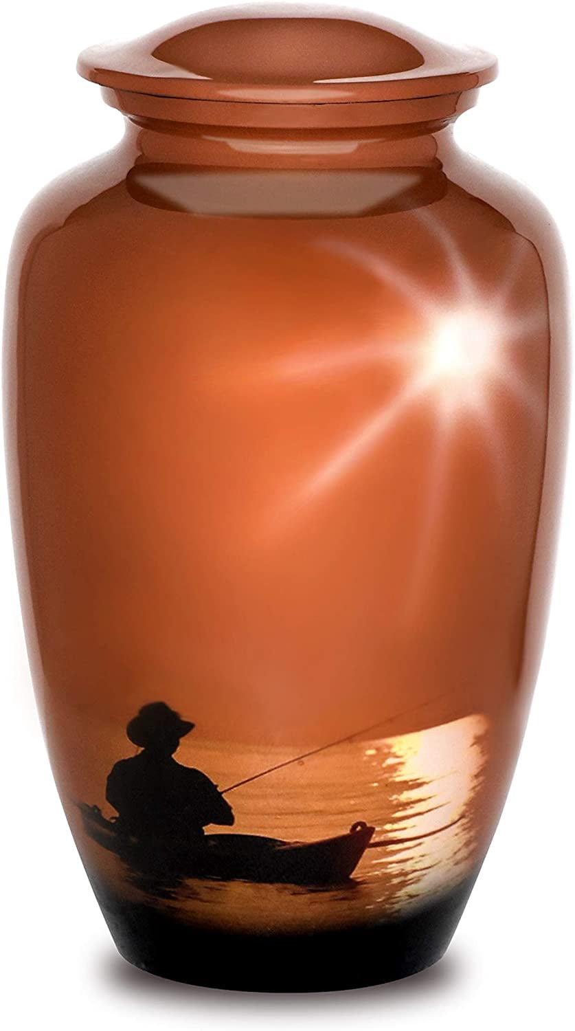 FOREVER URNS Adult Cremation Urn Fishing Urn For Human Ashes, Handcrafted 220 Cu. In With Velvet Bag.