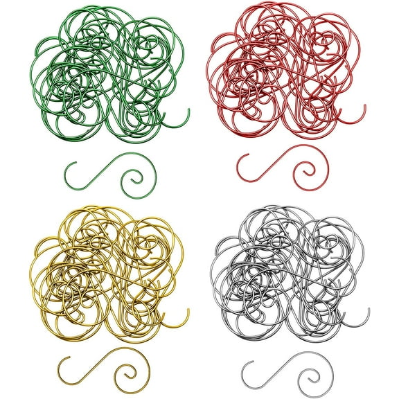 200 Pieces Christmas Ornament Hooks Xmas Tree Decorating S-Shaped Ornament Hangers Red Green Gold Silver Metal Wire Bendable Ornament Hooks for DIY Holiday Party Bauble Ball Hanging Decorations