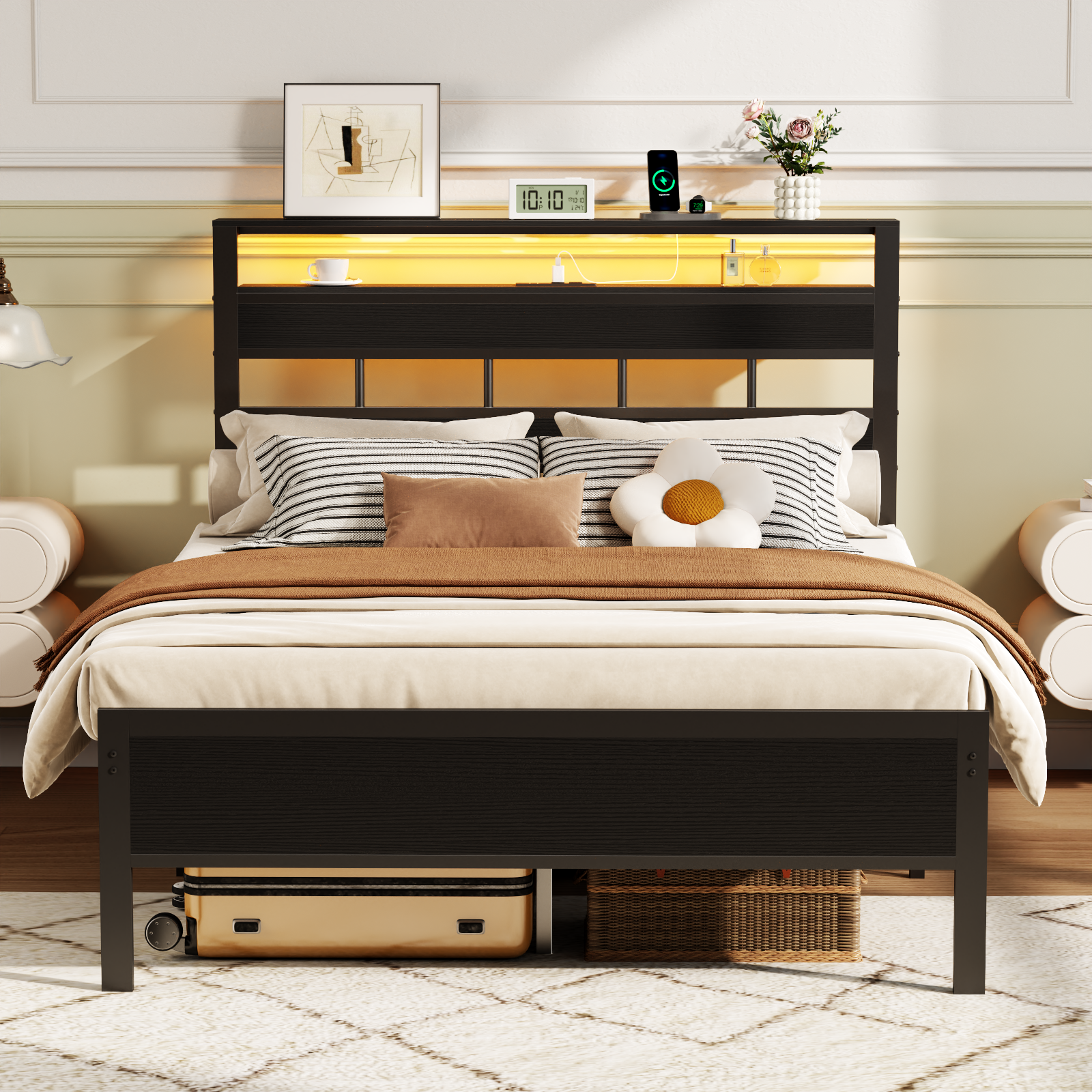 Satifur Full Size Bed Frame with Storage Headboard and LED photo 3