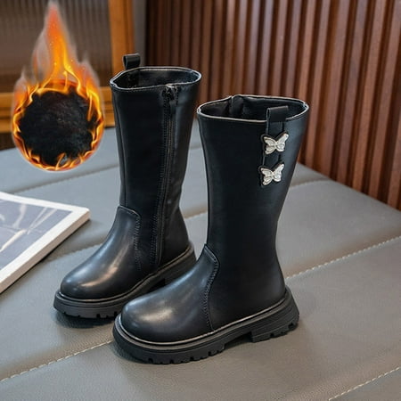 

HAXMNOU Fashion Autumn And Winter Children Boots Girls Medium Boots Thick Soled Waterproof Platform Non Slip Solid Color Side Zipper Bowknot Solid Color Plush Warm Black