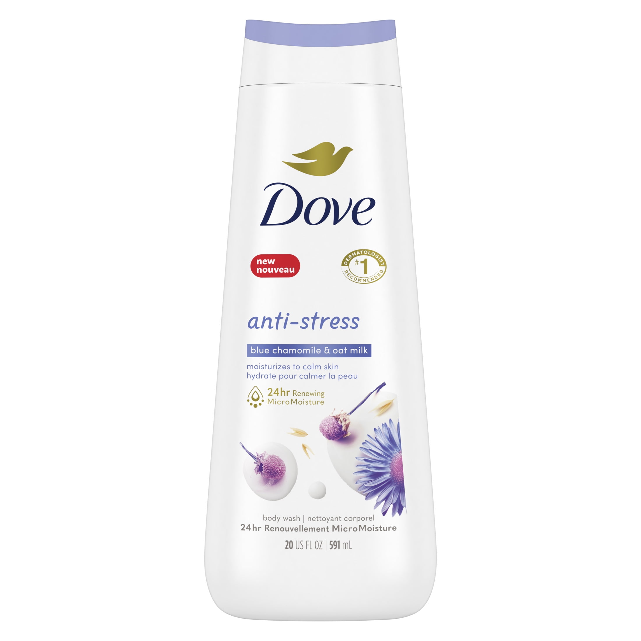 Dove Anti-Stress Moisturizing Liquid Body Wash Blue Chamomile and Oat Milk, 20 oz