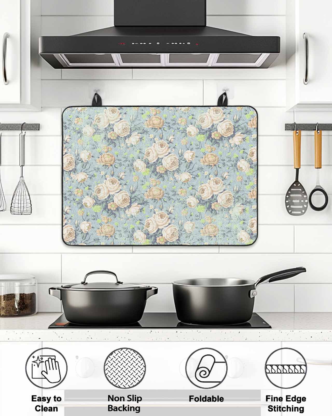 Stove Top Covers for Electric Stove, Blue Flowers Glass Stovetop Cover Protector, Romantic Farmhouse Botanical Floral Leaves Induction Cooktop Protector Oven Mat for Kitchen Countertop 24"x21"