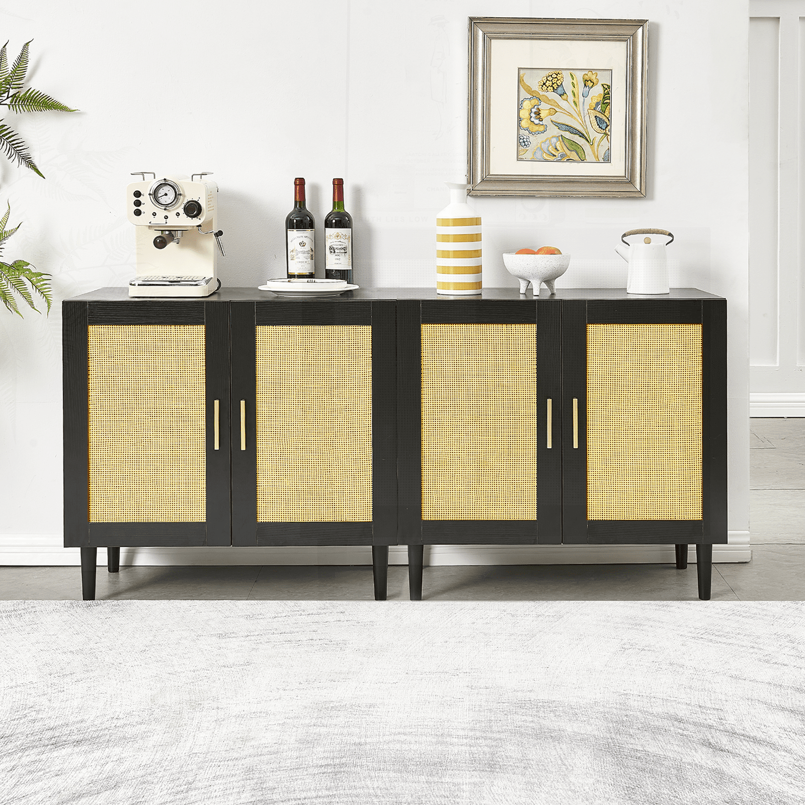 Aukfa Accent Cabinet Sideboard w/ Rattan Door for Living Room Entryway,Black