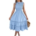 thumbnail image 2 of Women'S Ruffle Trim Flutter Sleeve Midi Dress Pleated Crew Neck Tiered Smocked Flowy Dresses Light Blue XL, 2 of 10