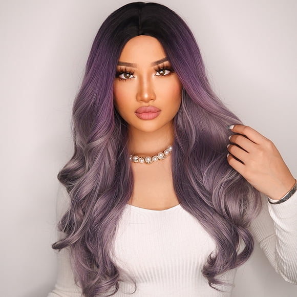 Graflsoa Stylish Long Wavy Synthetic Wig for Women, No Bangs, Heat-Resistant Fiber, Black to Purple Gradient, Includes Black Hair Net, Model LC027-1
