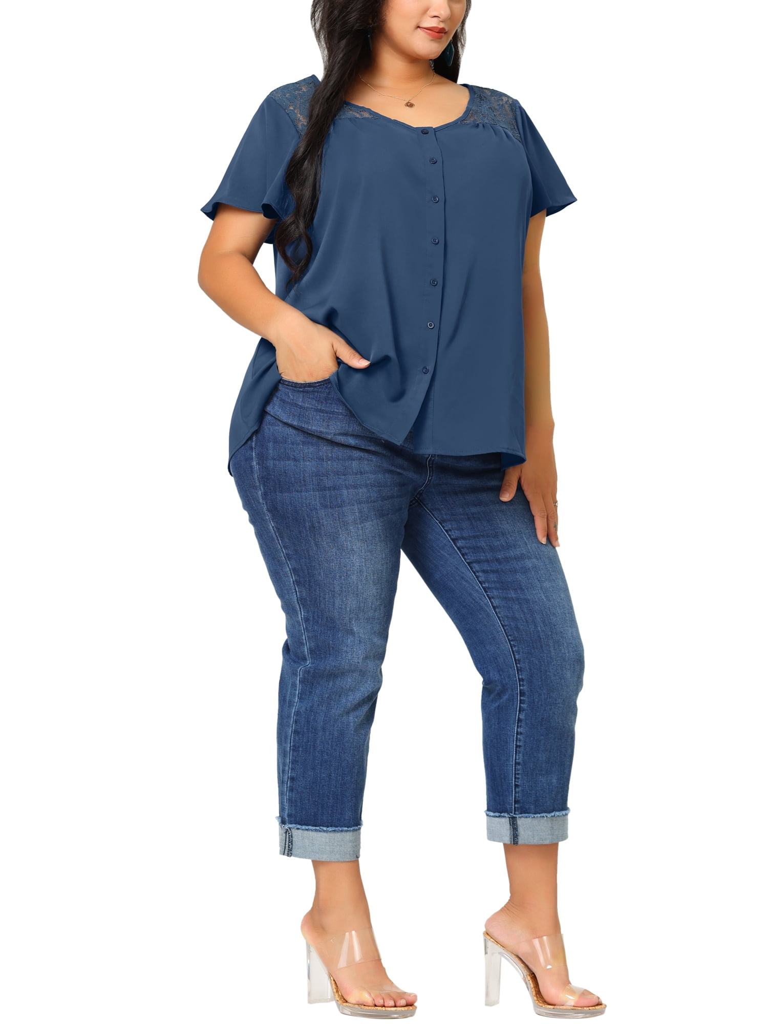 Unique Bargains Women's Plus V Neck Full Placket Flare Short Sleeve Summer Peplum Blouses