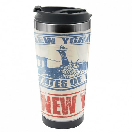 

Retro Poster Travel Mug Love NYC in Red Blue Steel Thermal Cup 16 oz by Ambesonne