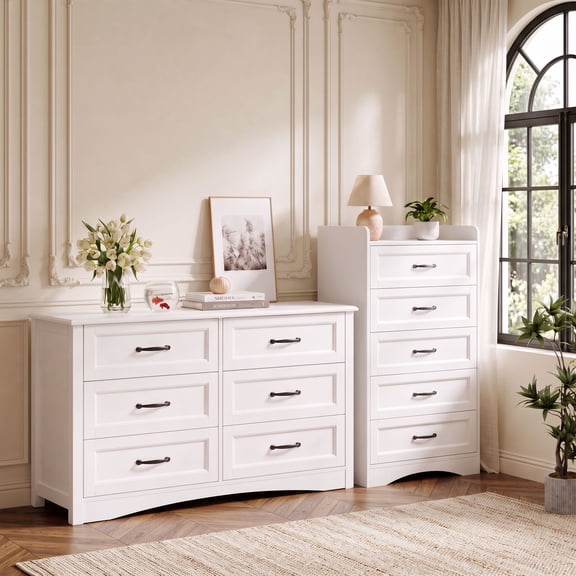 Asofer Bedroom Furniture Set - Includes 6 Drawer Dresser & 5 Drawer Dresser, White