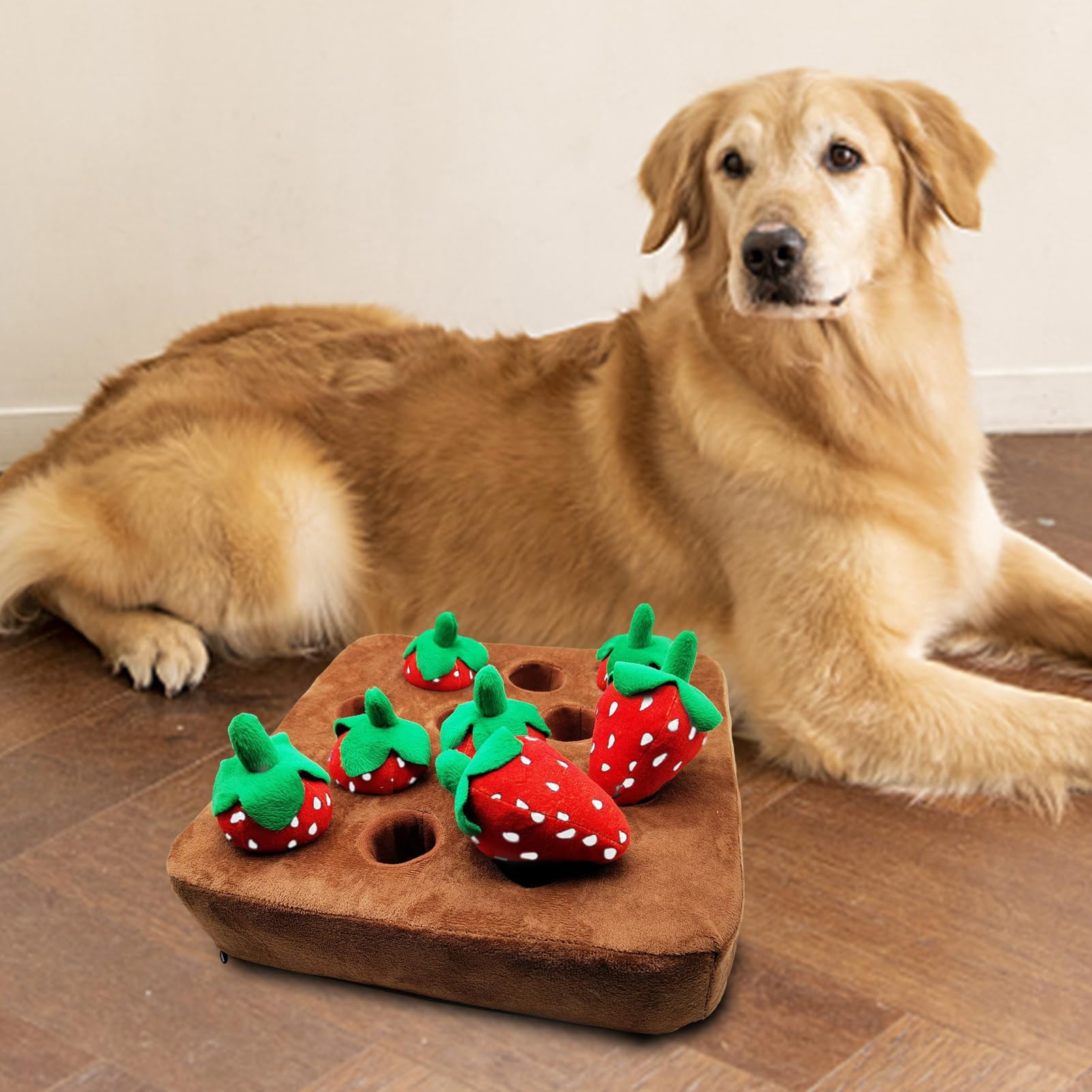 Interactive Strawberry Pulling Plush Toy for Dogs – Snuffle Puzzle Toy,Soft Foraging Toy for Pets with Hidden Treat Pockets
