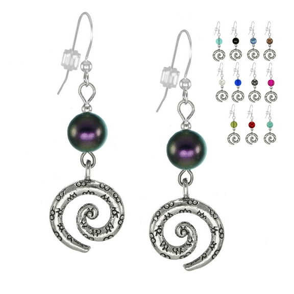 One Pair Textured Pewter Swirl & Bead Earrings with Sterling Silver Earwires - Iridescent Purple Crystal Pearl