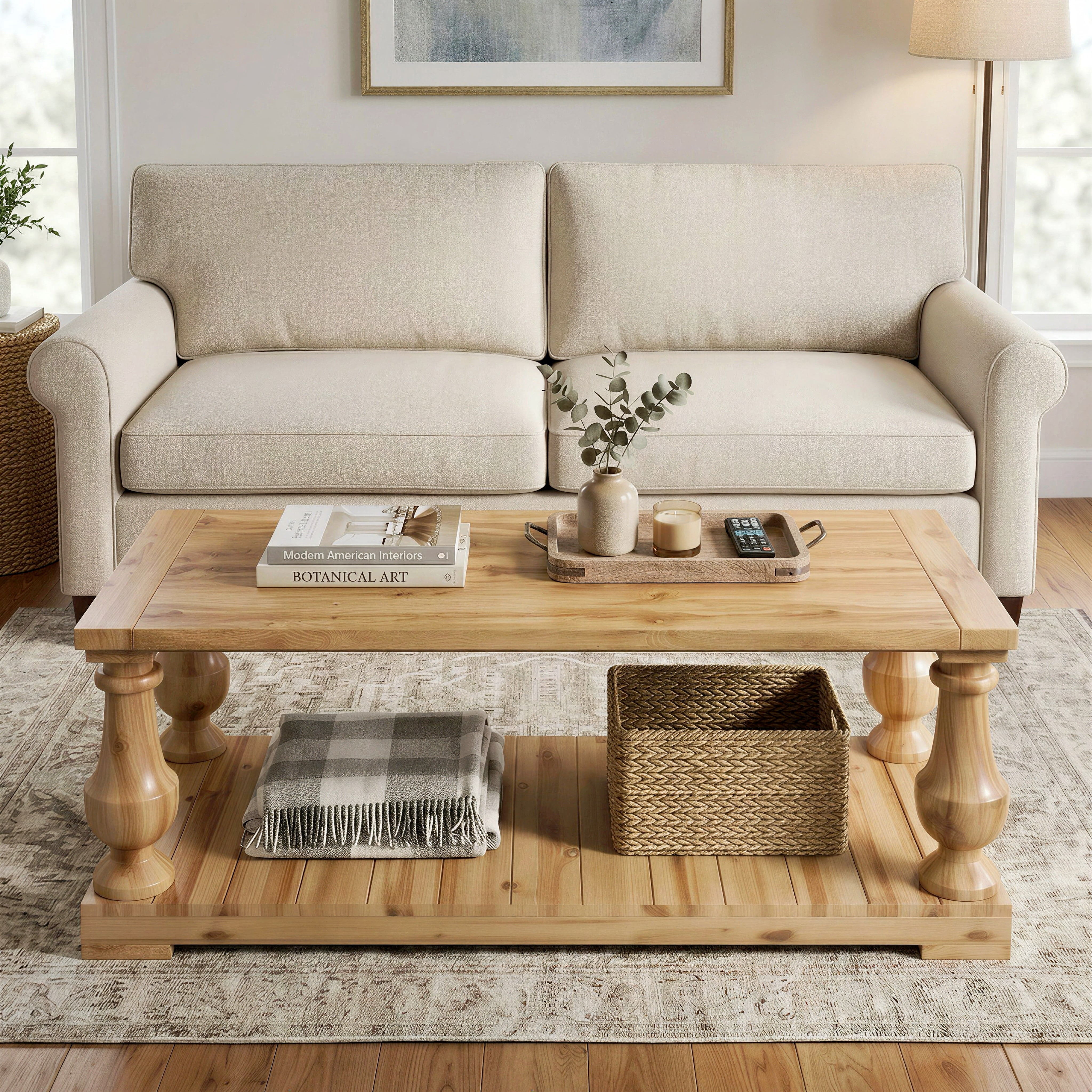 Farmhouse Coffee Table with Storage Shelf, Solid Wood Turned Legs, 2-Tier Rustic Wood Center Table for Living Room, Natural