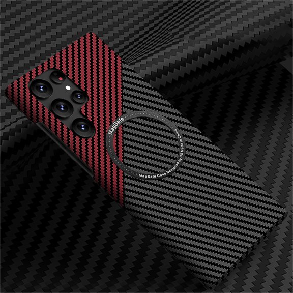 Carbon Fiber Texture Case for Samsung Galaxy S23 Ultra,Slim Thin Compatible with MagSafe Magnetic Shockproof Anti-Scratch Durable Case,Black/Red