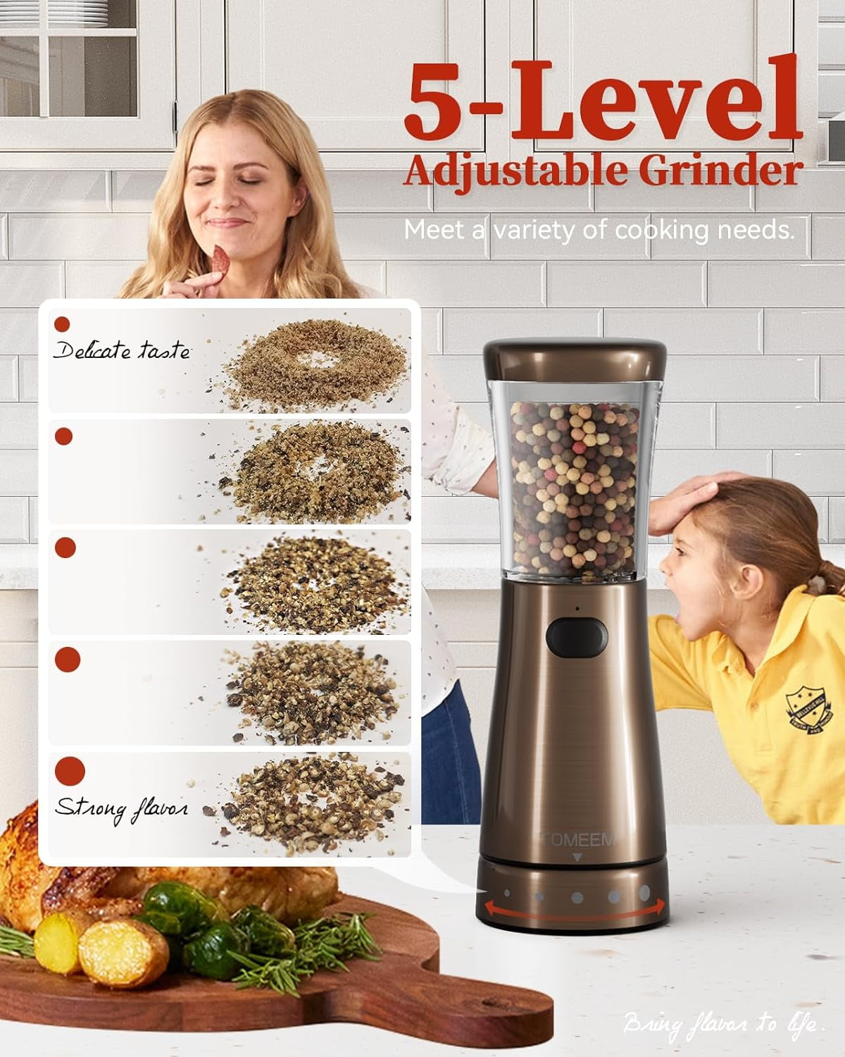 Tomeem Electric Pepper Grinder Sets Automatic Salt and Pepper Electric with 4.5oz Large Capacity Adjustable Coarseness Stainless Steel Bronze