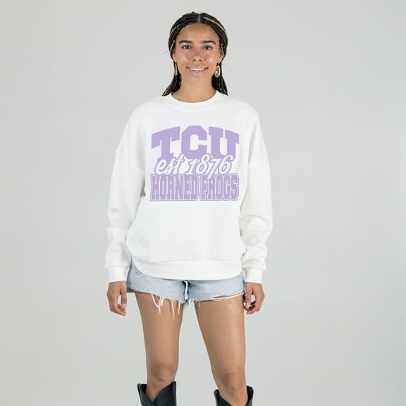 Women's Gameday Couture White TCU Horned Frogs Oversized Faded Formation Premium Fleece Sweatshirt