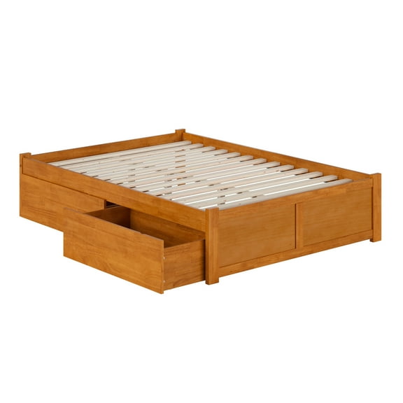 HomeStock Tuscan Treats Full Solid Wood Platform Bed with Footboard & Storage Drawers in Light Toffee