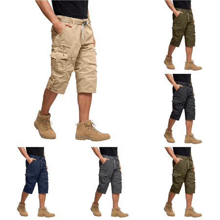 Mens Cotton Cargo Capri Pant with Pockets Outdoor Casual Sports Quick Dry 3/4 Long Shorts for Fishing Golf Athletic Hiking Khaki XL