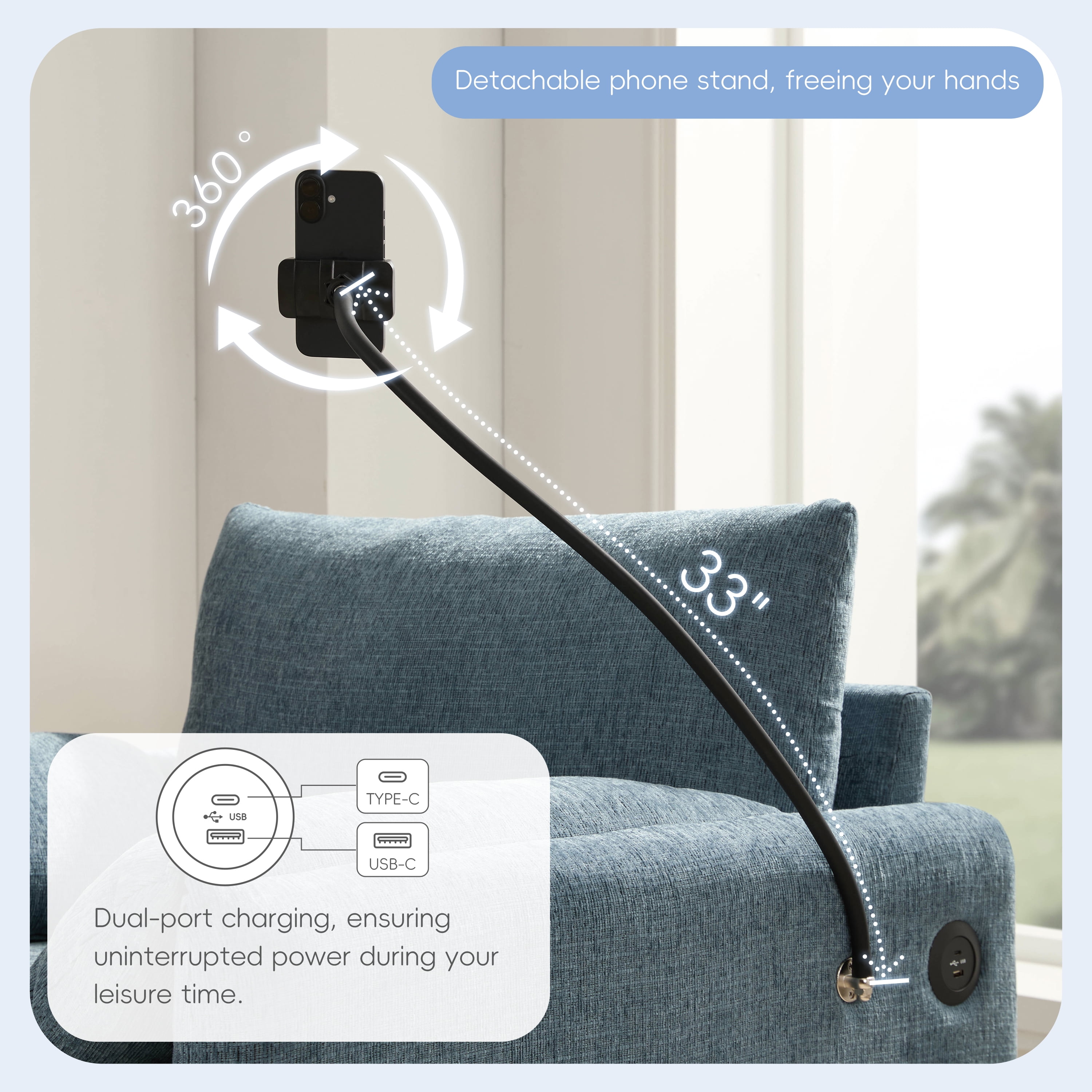 Accent Chair, Single Sofa, Chaise Lounge with Oversized Storage Ottoman and Adjustable Phone Holder, Chenille Armchair with Pillow Armrests and Side Pockets, for Living Room, Blue