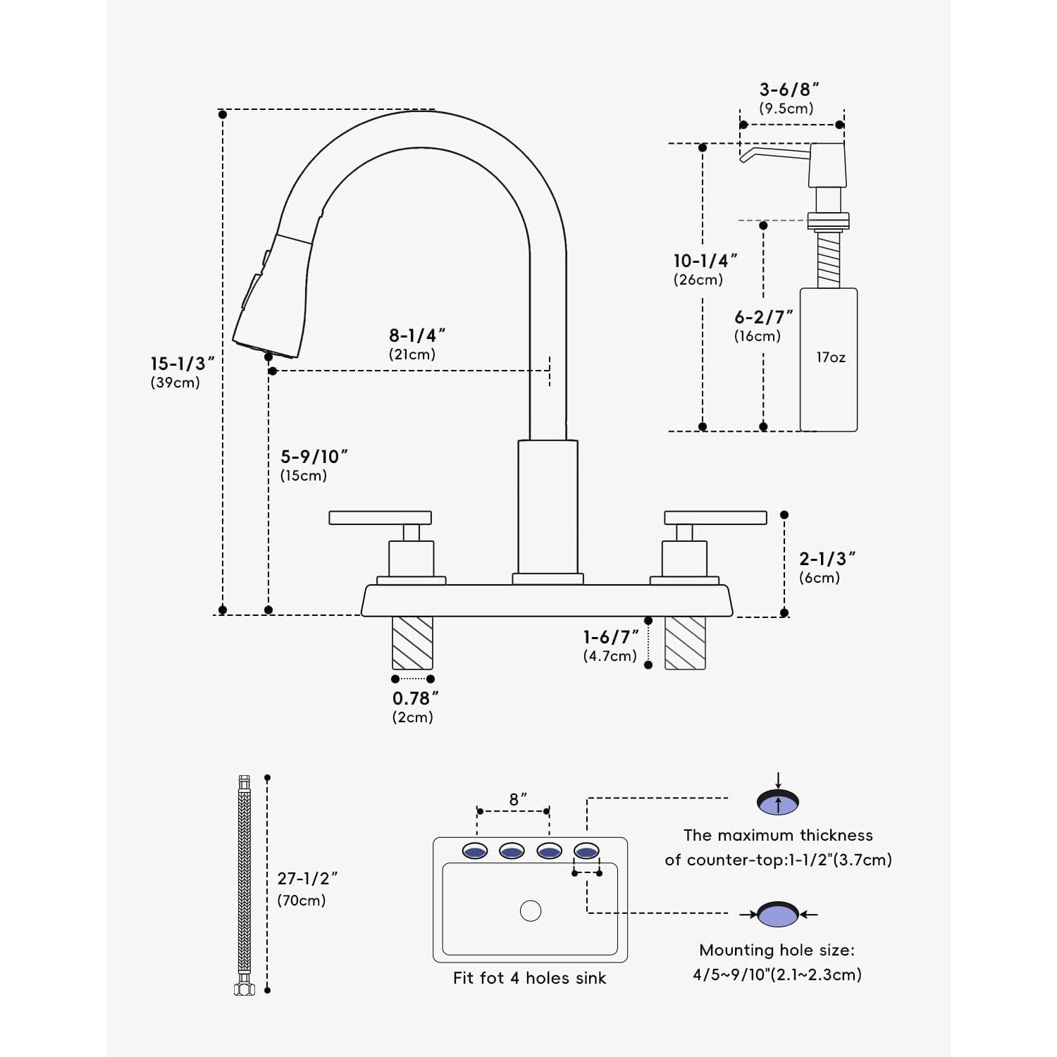 2 Handle Kitchen Faucet with Sprayer, 4-Hole Kitchen Faucet with Pull Down Sprayer and Soap Dispenser, High Arc Stainless for 3 & 4 Hole Outdoor Sink, Brushed Nickel