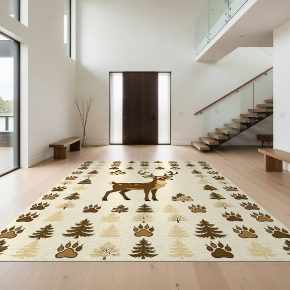 Design&I 8'x10' Washable Area Rug Extra Large Skid-Resistant Low Profile Deer Hunting Woodland Scene With Bear Paw Print And Antler Accents for Living Room, Family