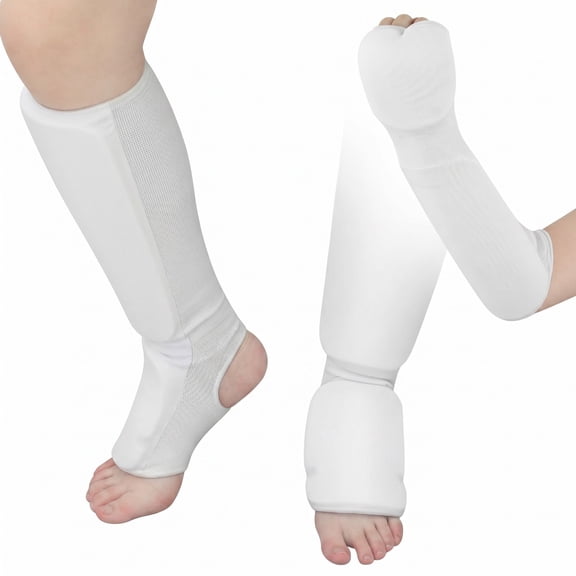 BlinkLLX 2 Pairs Shin Instep Guard and Fist Forearm Sparring Taekwondo White Foot Protective Gear Protector Hand Padded Arm Sleeves for Sparring Martial Arts MMA Kickboxing Muay Thai