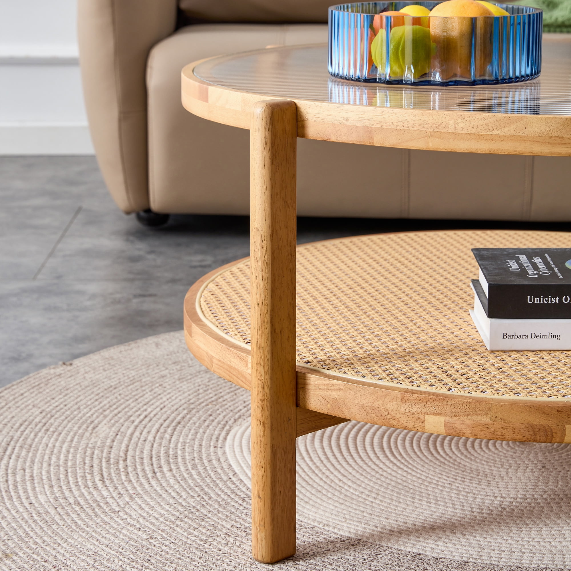 Kepooman 2-Tier Coffee Table, Round Tea Table with Solid Wood Frame and Pe Rattan, Modern Glass Sofa Center Table for Living Room, Natural Wood