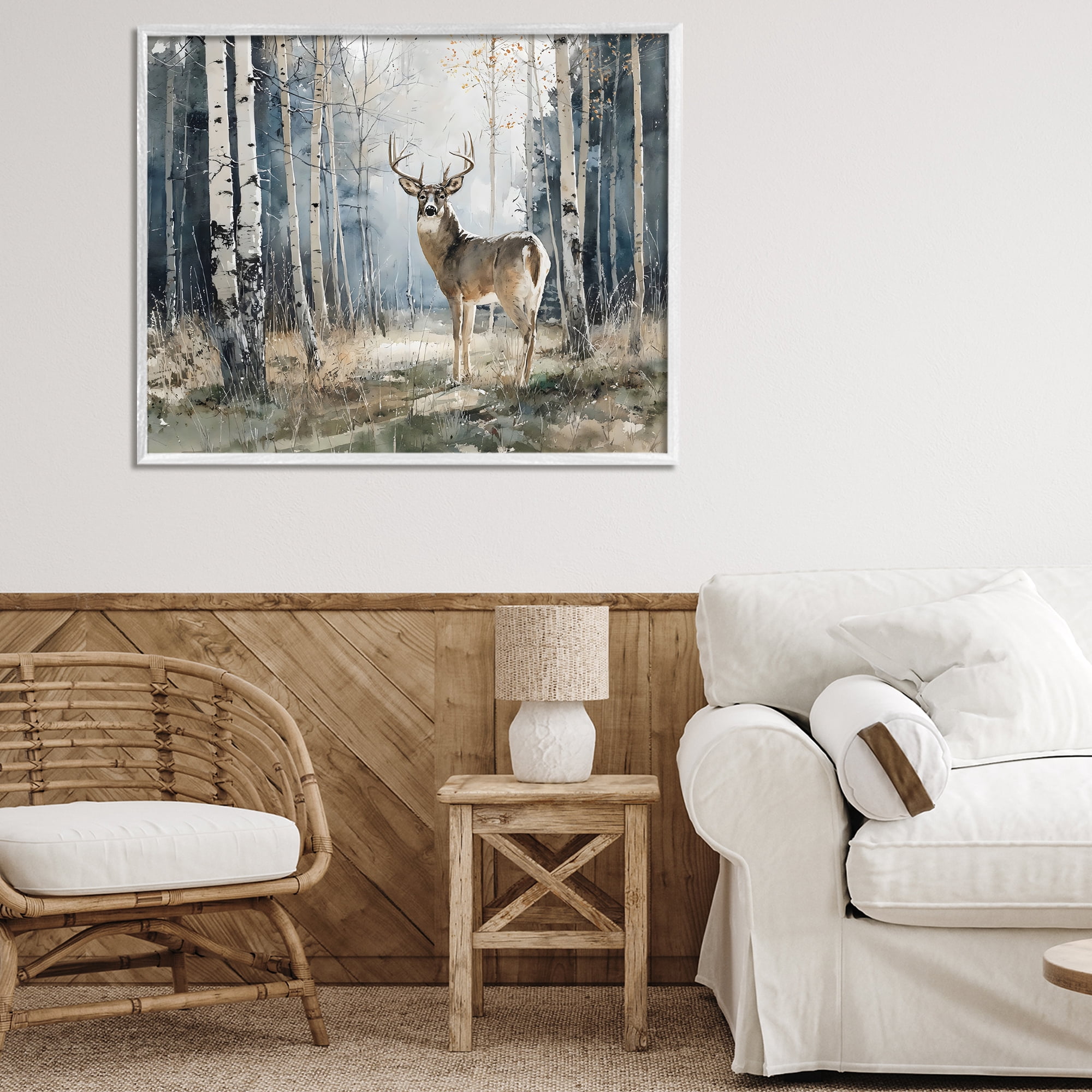 Stupell Industries Lone Stag in Birch Forest White Framed Giclee Art, design by Franklyn Gregory