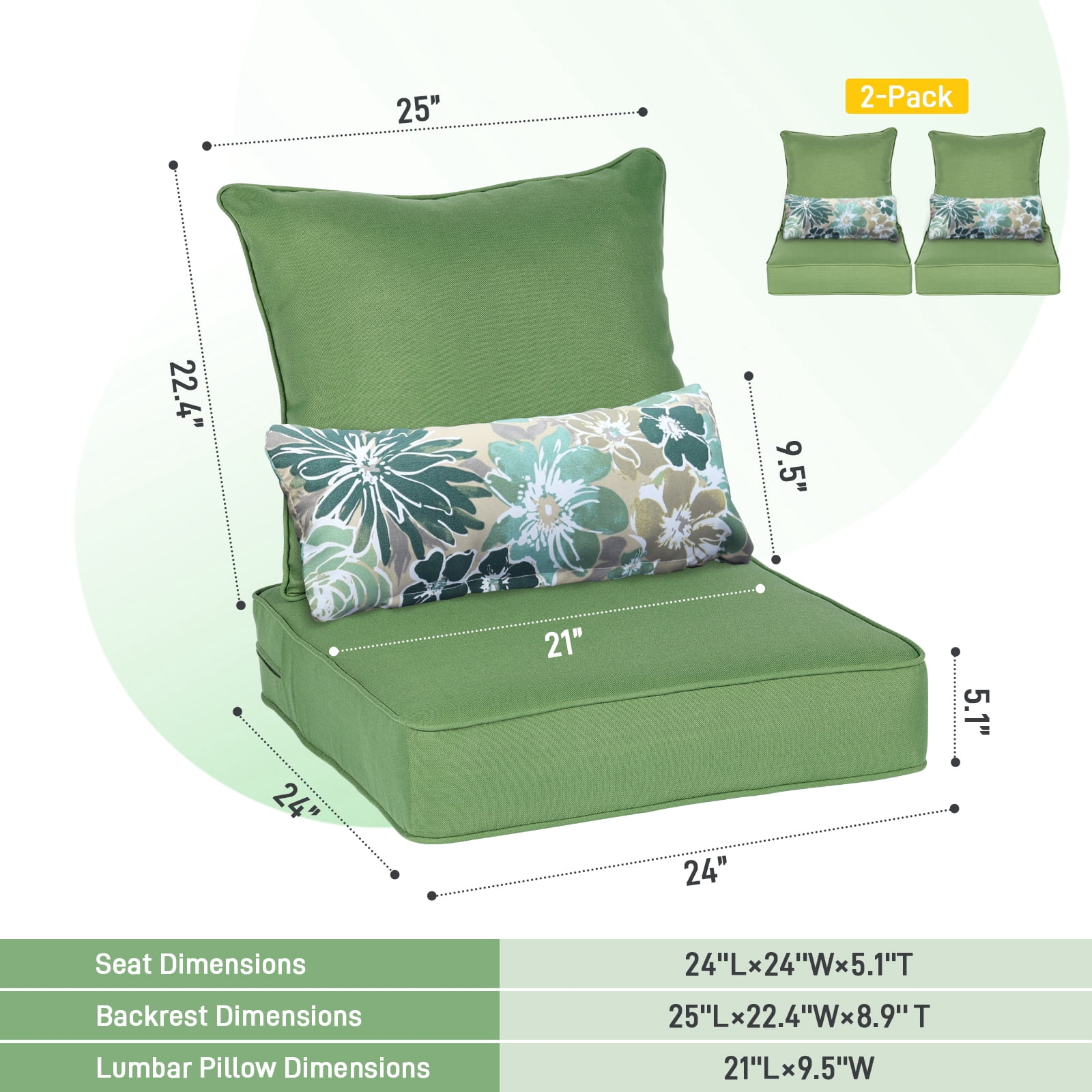 Aoodor 24'' x 24'' Outdoor & Indoor Deep Seat Cushion Set, furniture pillows and cushions, Olefin Fabric Slipcover and Sponge Foam (Set of 2 Seats, 2 Backs, 2 Lumbar Pillows) - Green