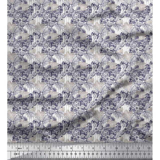 Soimoi Poly Georgette Fabric Architecture Structure,Leaves & Floral Artistic Decor Fabric Printed Yard 52 Inch Wide