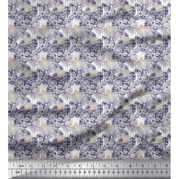 Soimoi Poly Georgette Fabric Architecture Structure,Leaves & Floral Artistic Printed Fabric 1 Yard 42 Inch Wide