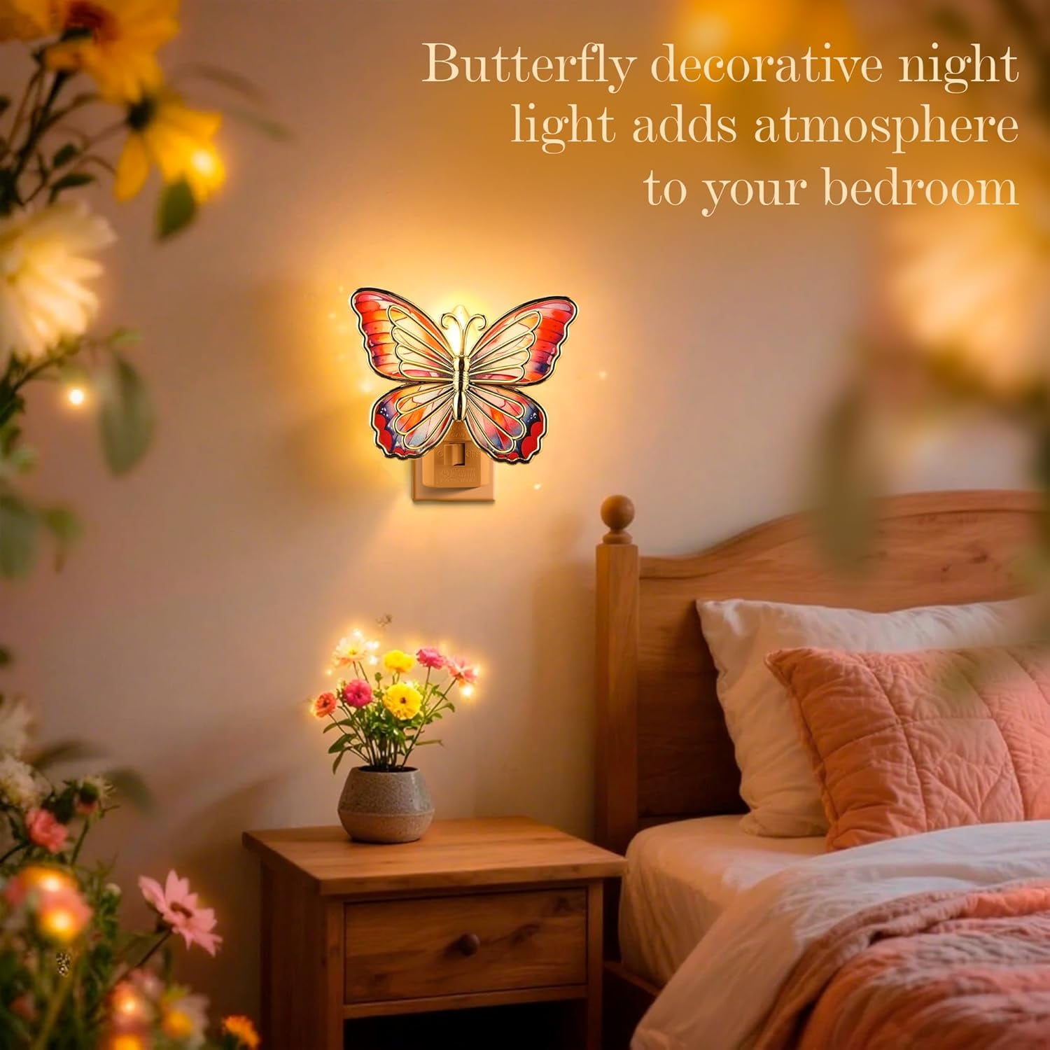 Butterfly Night Light, LED Butterfly Night Light Plug into Wall, Manual On/Off Switch, Monarch with Gold Trim Decorative, Energy Saving, 360° Swivel Plug, Girl Bedroom Bathroom Hallway(Orange)