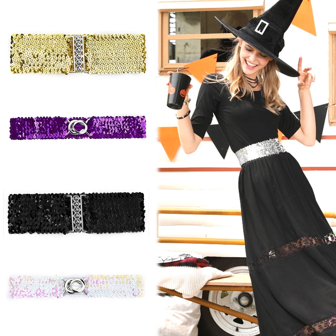 Lady Sequins Decor Metal Buckles Elastic Waist Belt 2-Pack Gold+Silver