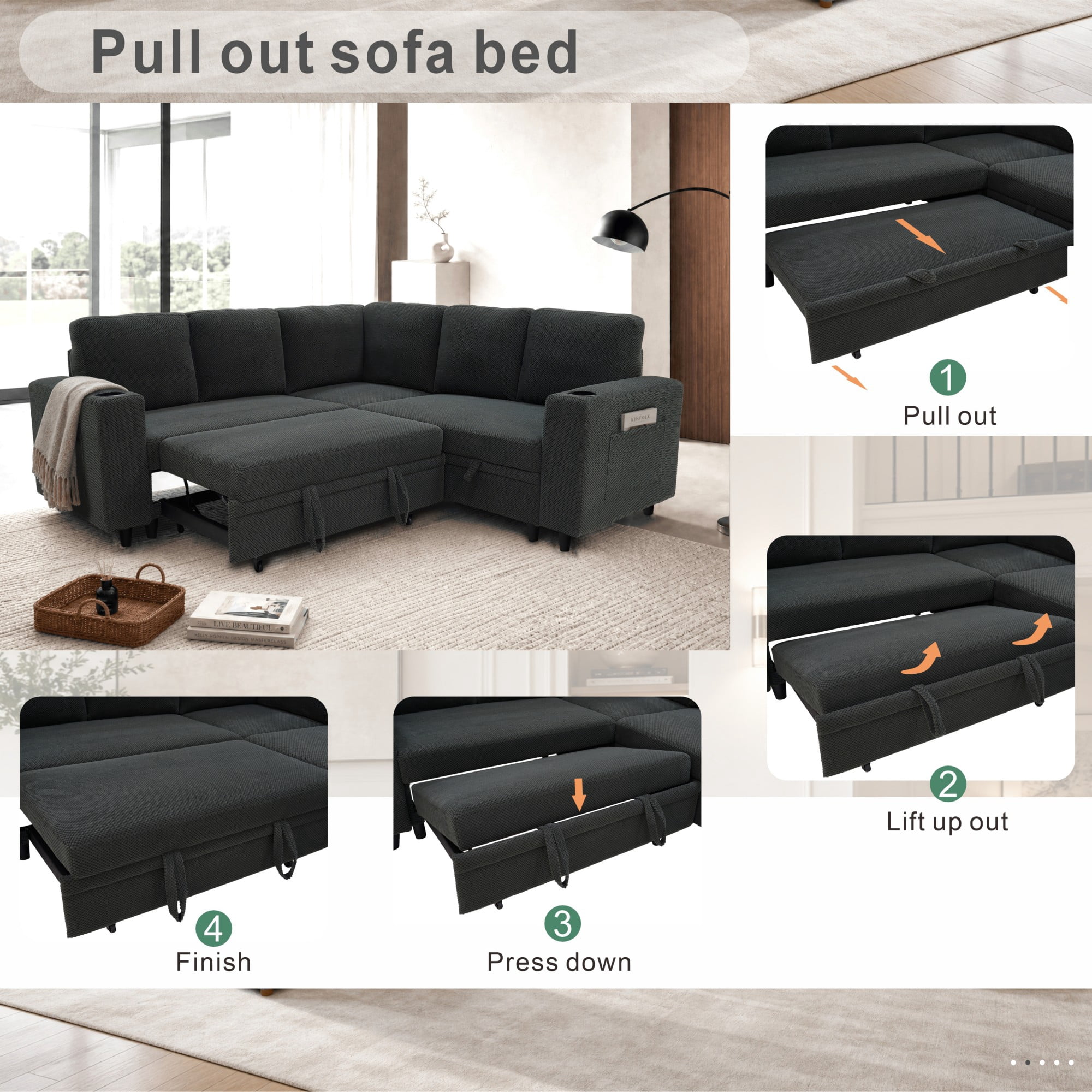 BSHTI 76.5" Polyester L-Shaped Sectional Sofa Bed with Hidden Storage, Cup Holders, Side Pockets, Pull-Out Design for Living Room(Dark Gray)
