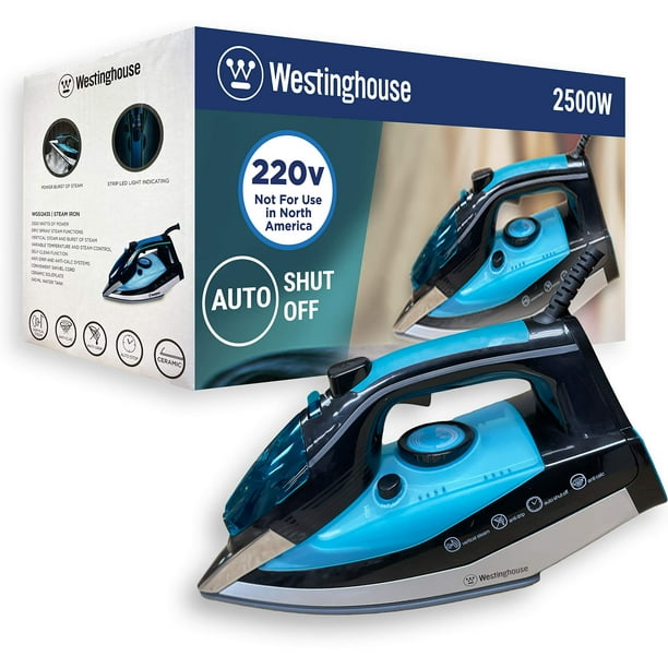 Westinghouse - Plancha de 220 V, 2500 W, con vapor y apagado automático, 220 – 240 voltios, 50/60 Hz, paquete con adaptador de enchufe Dynastar (no para EE. UU.)