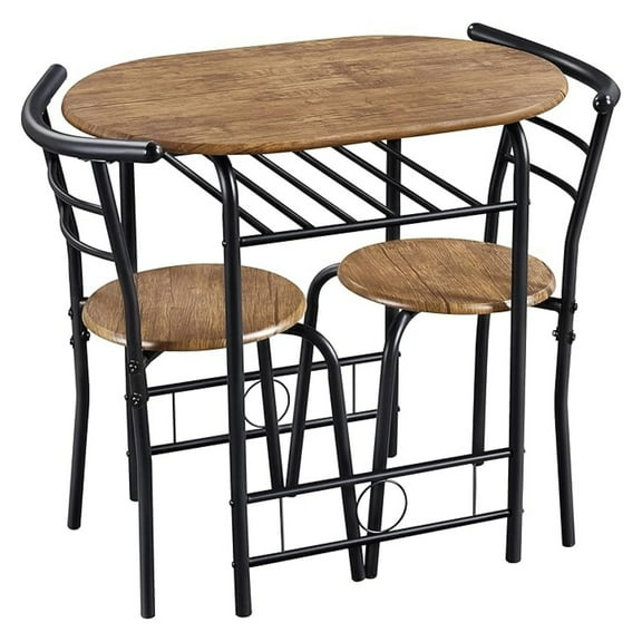 Modern Round Dining Table Set, Kitchen Table and 2 Chairs Small Dining Table for 2 with Storage, Breakfast Bistro Table Set for Small Space Kitchen Home, Brown