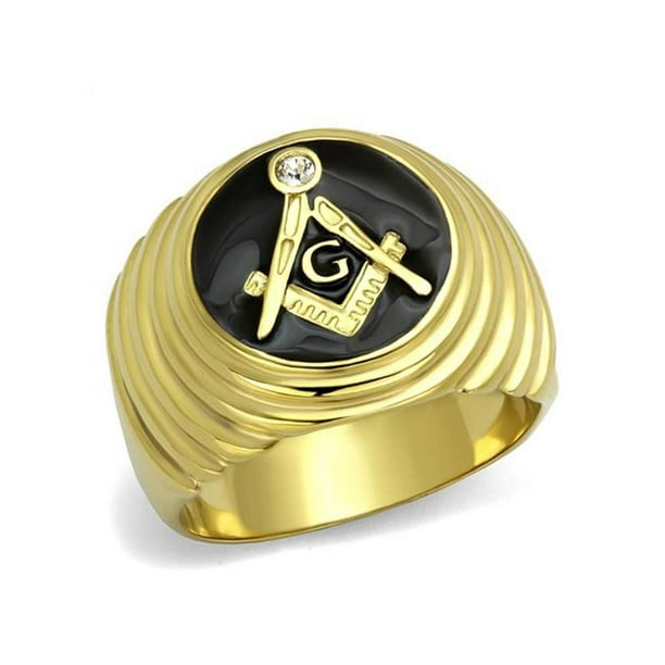 Marimor Jewelry Stainless Steel 14K Gold I.P. Crystal Masonic Lodge Freemason Ring Men