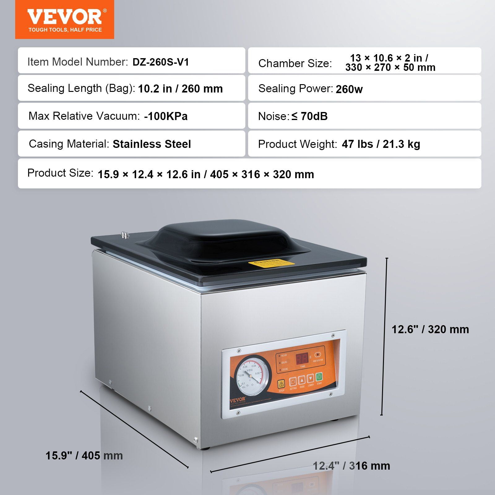 Chamber Vacuum Sealer, 260W Sealing Power, Vacuum Packing Machine for Wet Foods, Meats, Marinades and More, Compact Size with 10.2" Sealing Length, Applied in Home Kitchen and Commercial Use