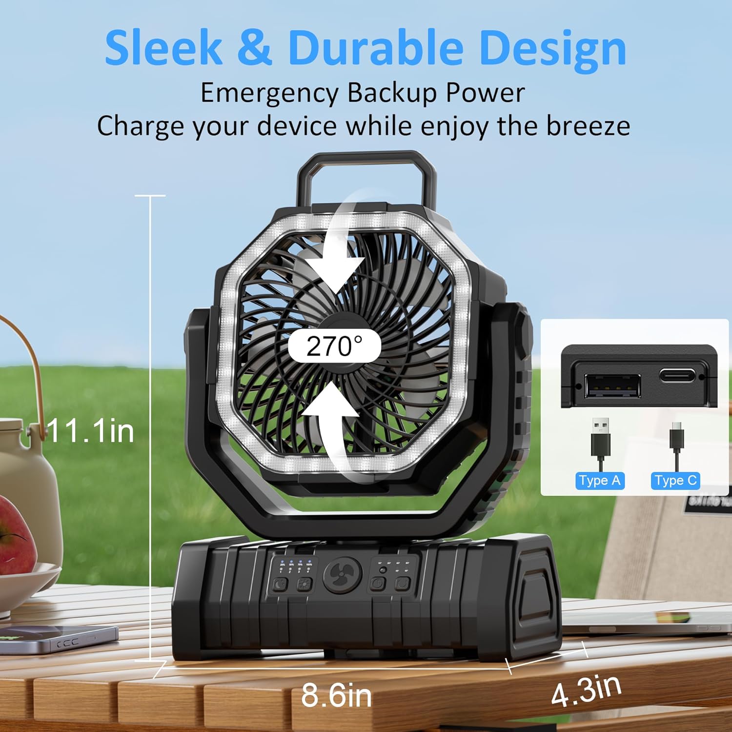 Portable Fan Rechargeable, 20000mAh Cordless Battery Powered Camping Fan with LED Light & Remote, 4 Speeds Wind, Timer, USB C, 360 Hanging Hook, Oscillating Fans for Travel Tent, Camping Essentials
