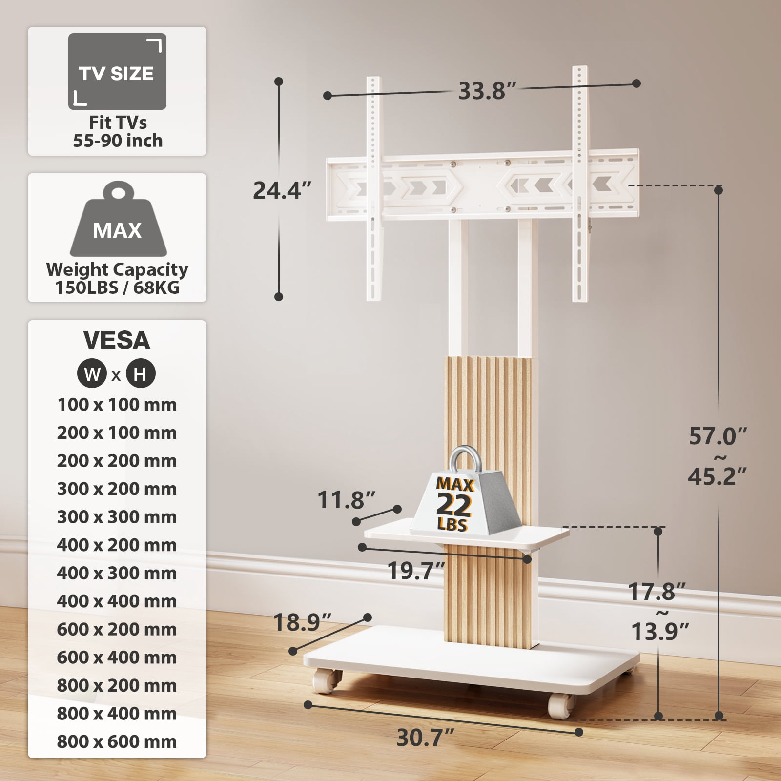 RTVR Rolling TV Cart Stand with Mount for 55 to 90 inch Screens, Heavy Duty Conner TV Stand with Shelves, White