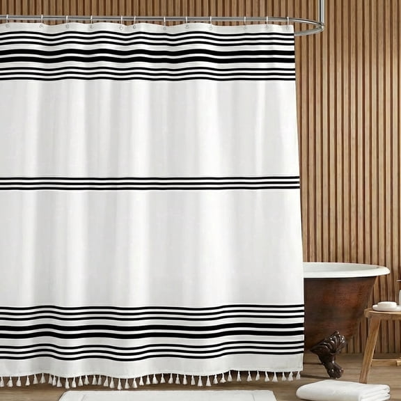 ZYUPHY White Striped Polyester Shower Curtains, 72"x84", with Tassels, Heavy Weighted