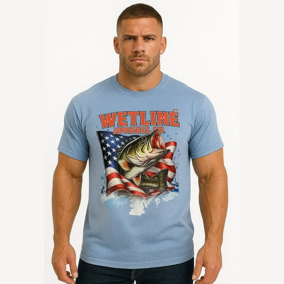 Wetline Apparel Co American Bass Men's Graphic T-Shirt, Fishing Wear Heavy Cotton Short Sleeves Tee, S-5XL