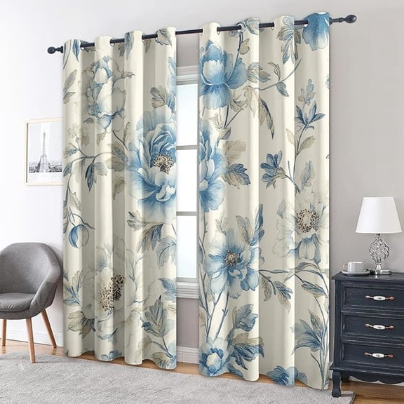 Farmhouse Vintage Blue Peony Print Blackout Curtains With Grommets, Botanical Floral Window Drapes for Bedroom And Living Room, Light Blocking Home Decor 26"W x 45"L (Pack of 2)