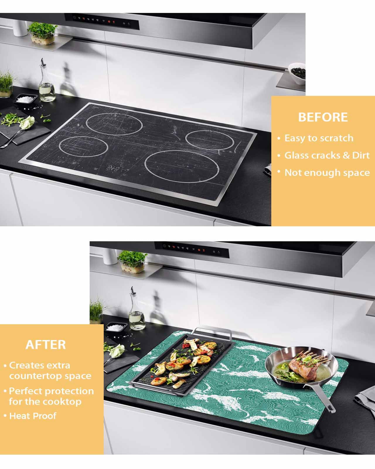 nqOlkjepod Large Induction Cooktop Protector Mat 24"x21", Green White Ocean Waves Stove Top Covers for Electric Stove, Coastal Abstract Art Moire Stove Burner Cover Mats, Glass Top Stove Cover