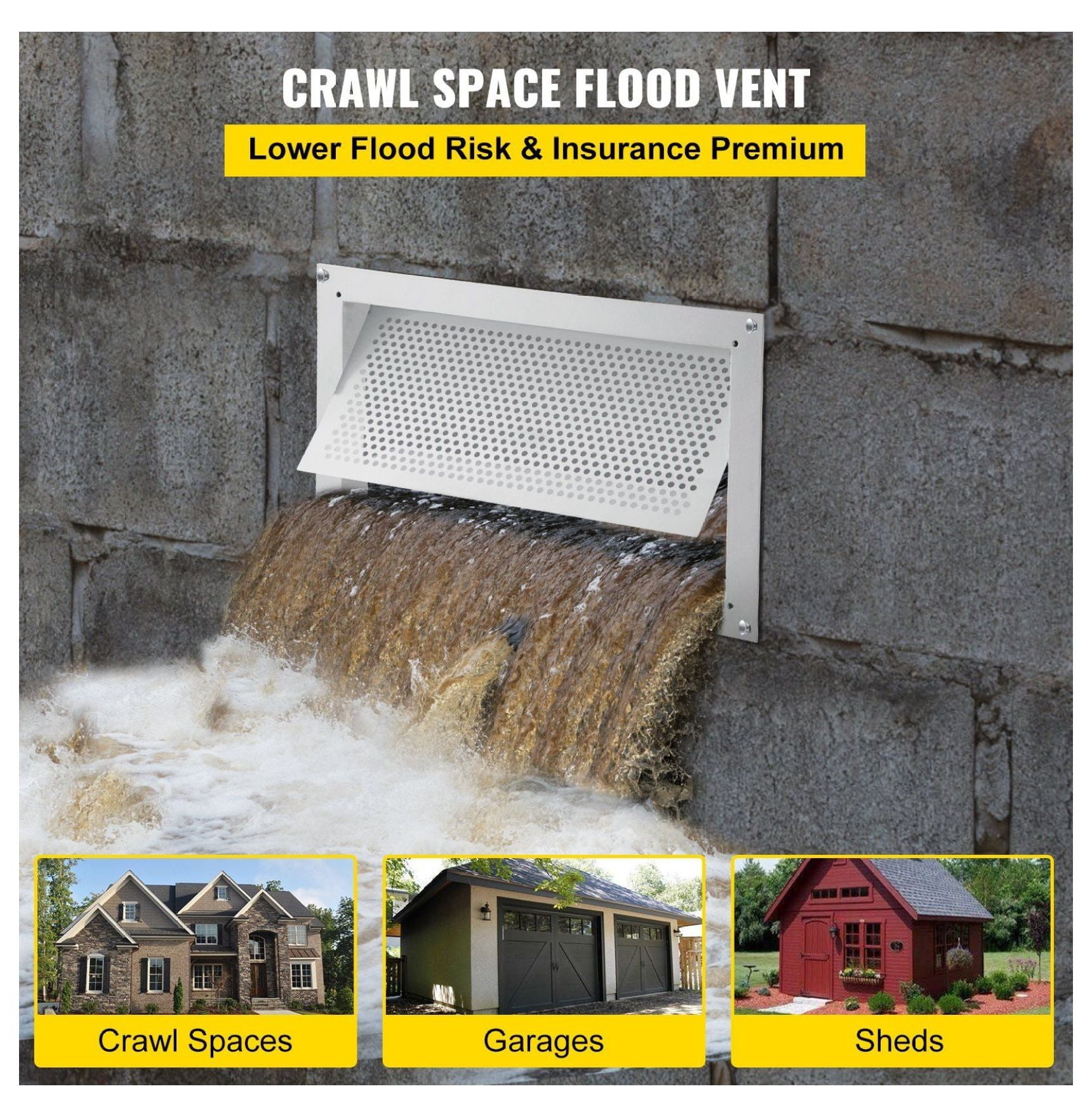 Flood Vent 8x16 Inch Foundation Vent - Crawl Space & Garage Flood Protection - White Wall Mount - Reduce Flood Risk & Insurance Costs