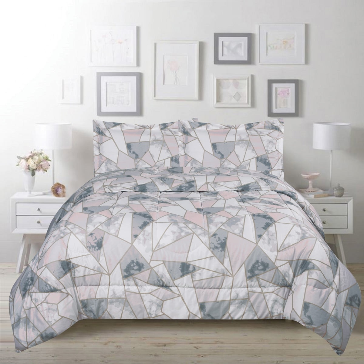 Marble Stripe Duvet Quilt Cover & Pillow Case Bedding Set Grey Pink 