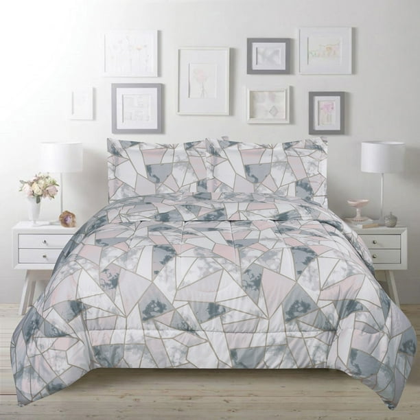2 Piece Geometric Marble Twin Comforter, Grey Twin Bed Covers