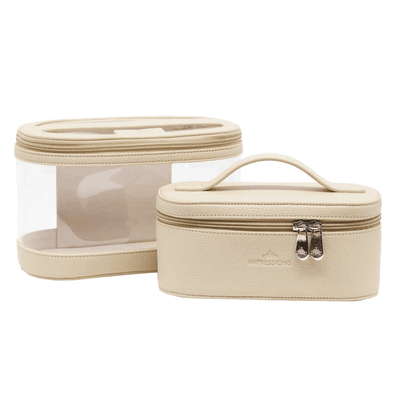 Impressions Vanity Salerno 2 Pc Makeup Case Set With Large and Small Bags, Faux Leather (Beige)