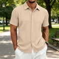 thumbnail image 2 of Domzest Men's Collared Shirts Short Sleeve Button Down Shirt Summer Casual Striped Textured Beach Shirt Khaki 2XL, 2 of 8