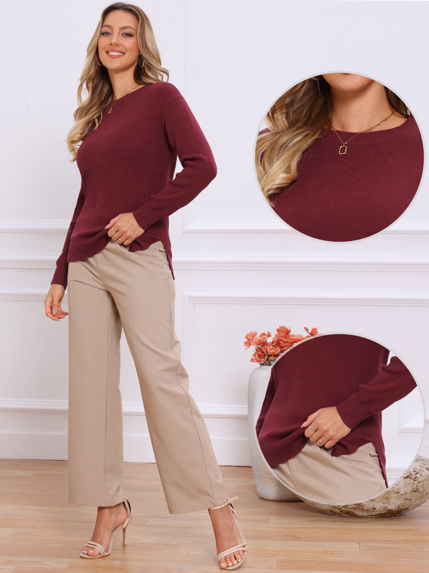 DARING DIVA Women's Pullover Long Sleeve Crew Neck Knit Sweater Tops XS Wine Red