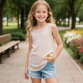 thumbnail image 2 of Hessimy Girls' Summer Cute T Shirts Casual Short Sleeve V Neck Plain Tunic Tops(Khaki,5-6 Years), 2 of 7